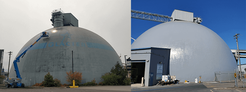 Roof coating application in progress — Inflatable industrial storage dome (concrete pre-mix powder)