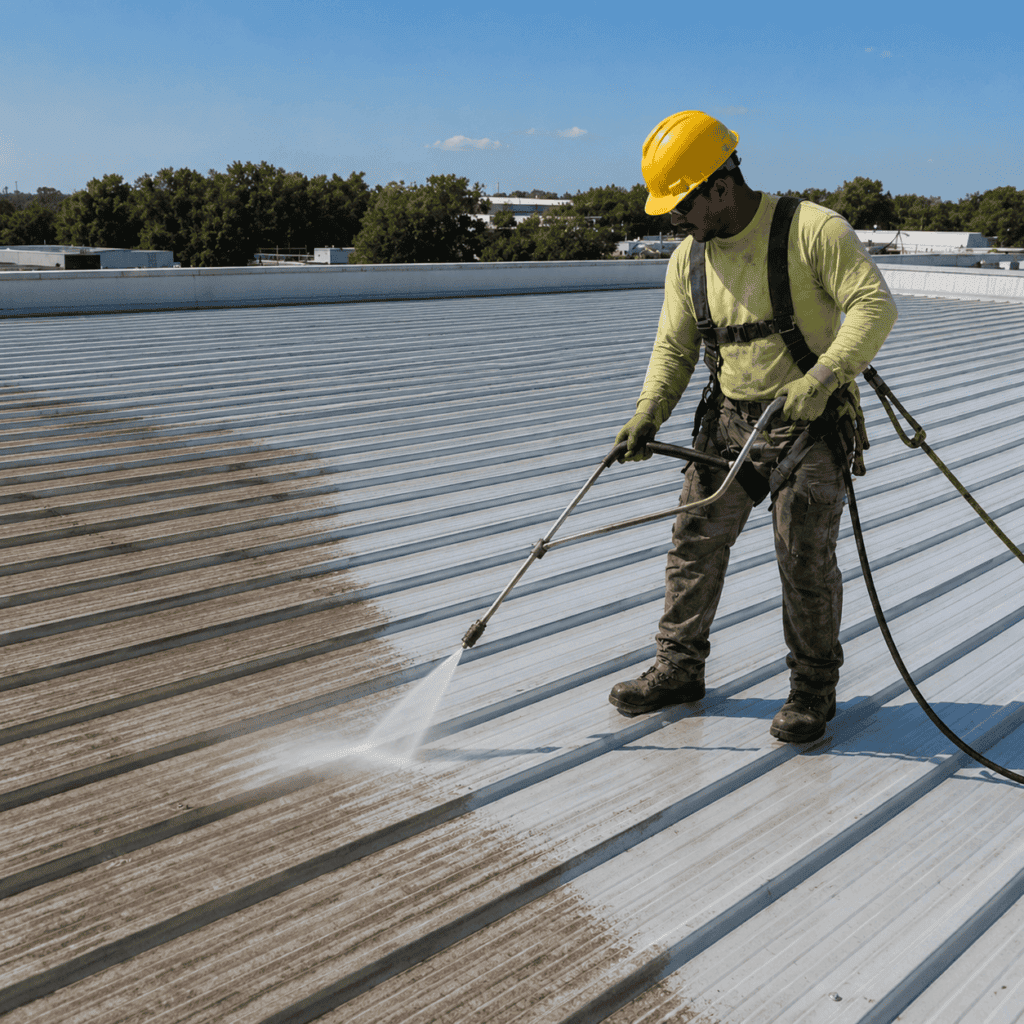 Pressure washing a commercial roof