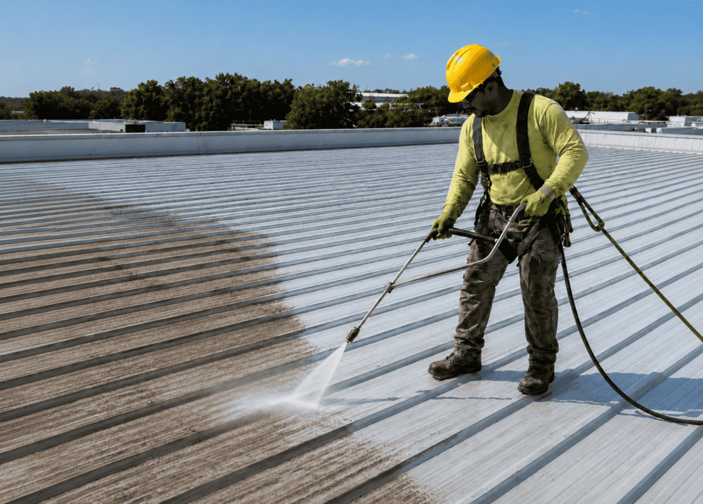 Pressure-wash the entire roof — Clean step of a roof coating installation