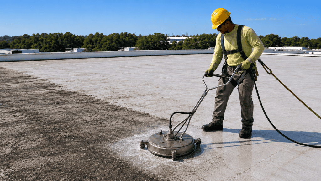 Pressure-wash the entire roof — Clean step of a silicone roof coating installation