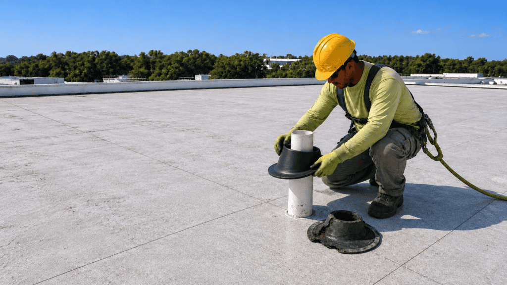 Replace damaged material — Repair step of a silicone roof coating installation